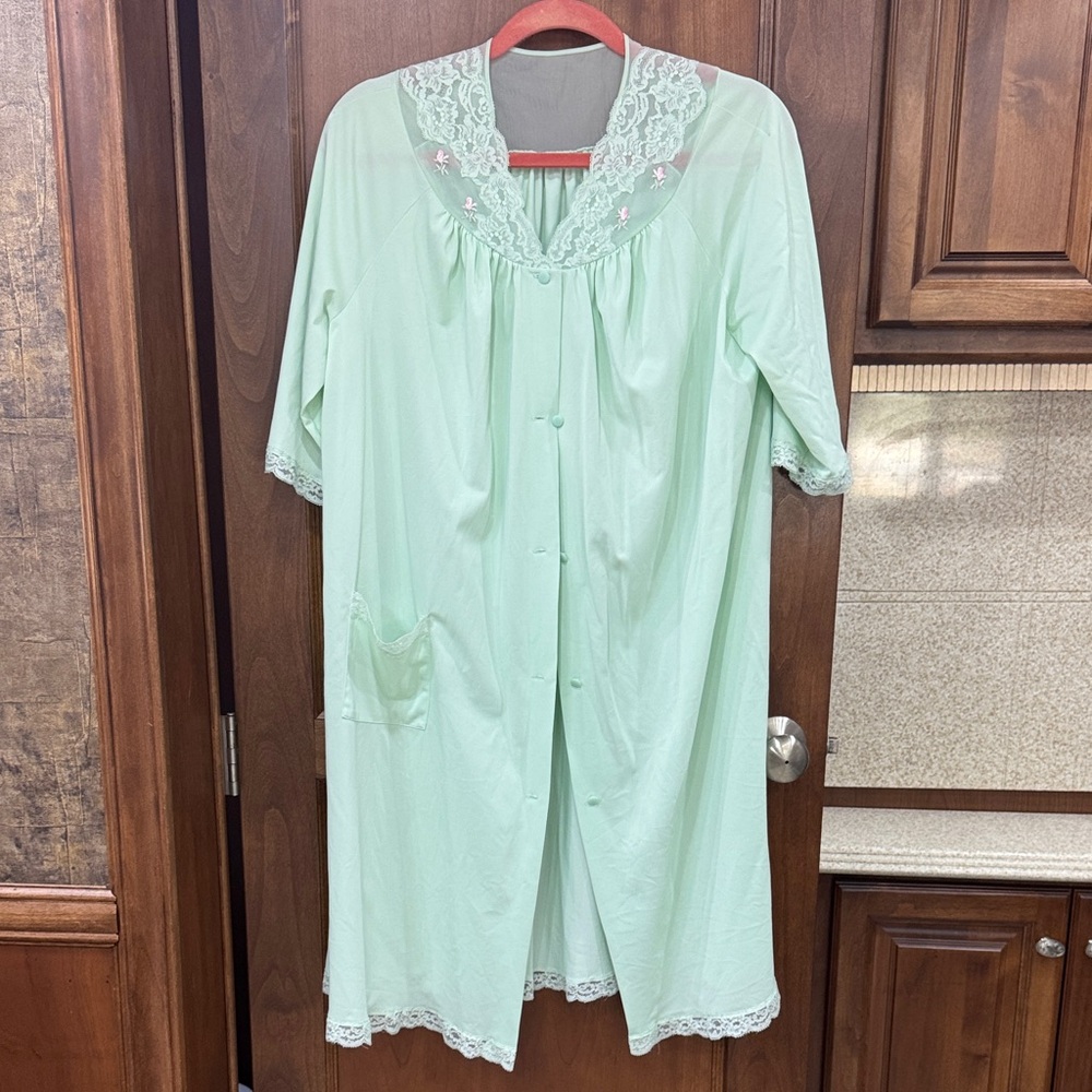 Light Mint Lace-Trim Button-Front Women's Nightgown